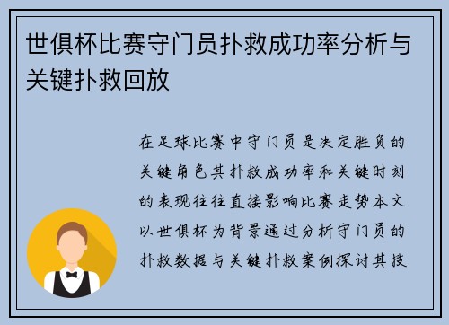 世俱杯比赛守门员扑救成功率分析与关键扑救回放